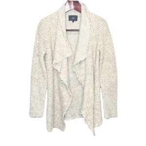 TYLI•Italian wool blend gray fringe boucle open long wrap cardigan large